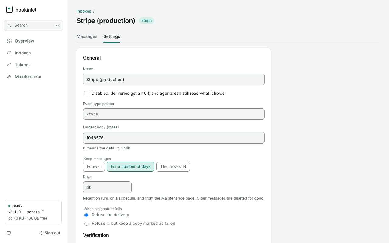 An inbox's Settings tab